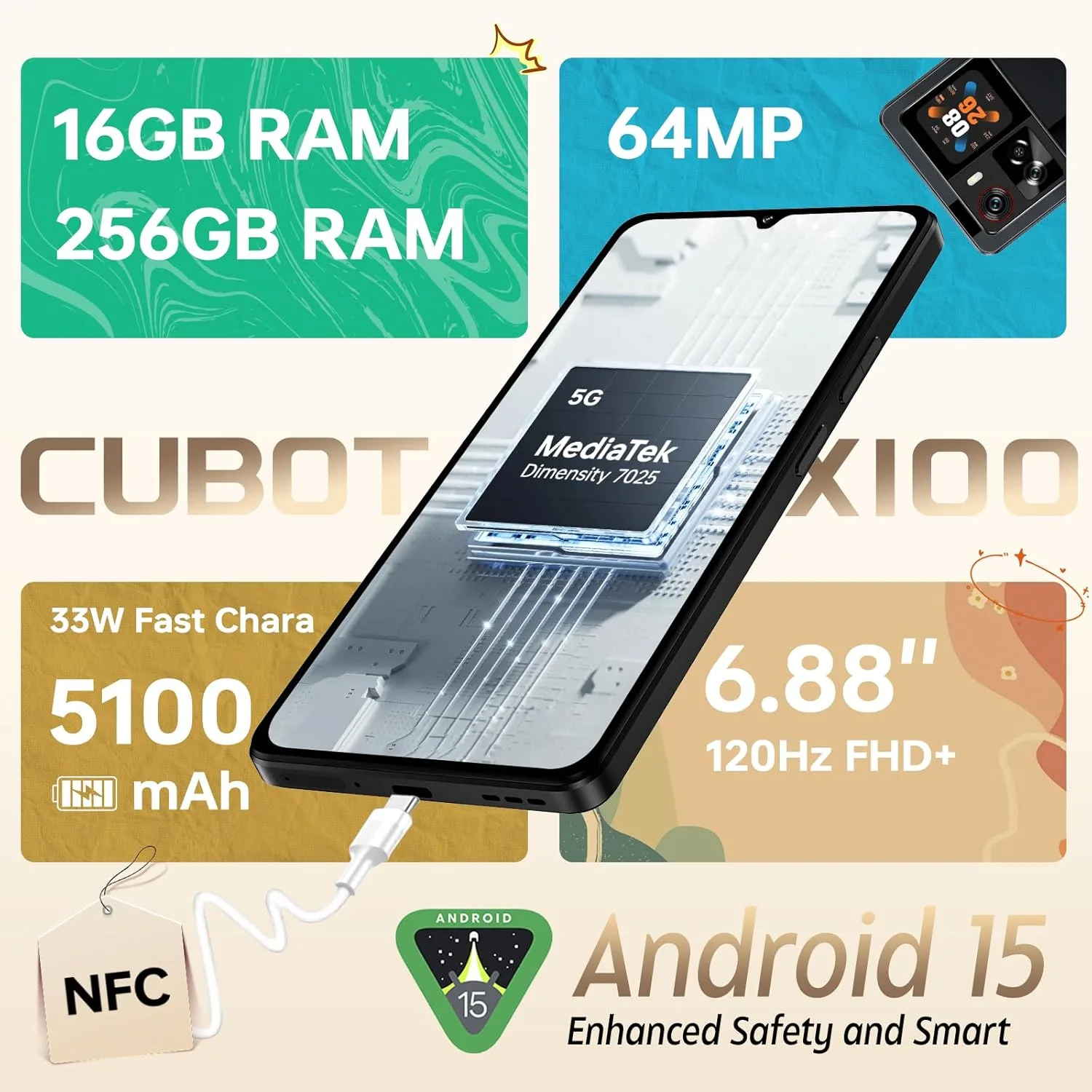 Мобилен телефон CUBOT X100, Android 15, 16GB RAM + 256GB ROM, 64MP камера, 6, 88'' дисплей, 5100mAh батерия, Dual SIM 5G, водоустойчив IP68/IP69K, черен - iEM.BG 7
