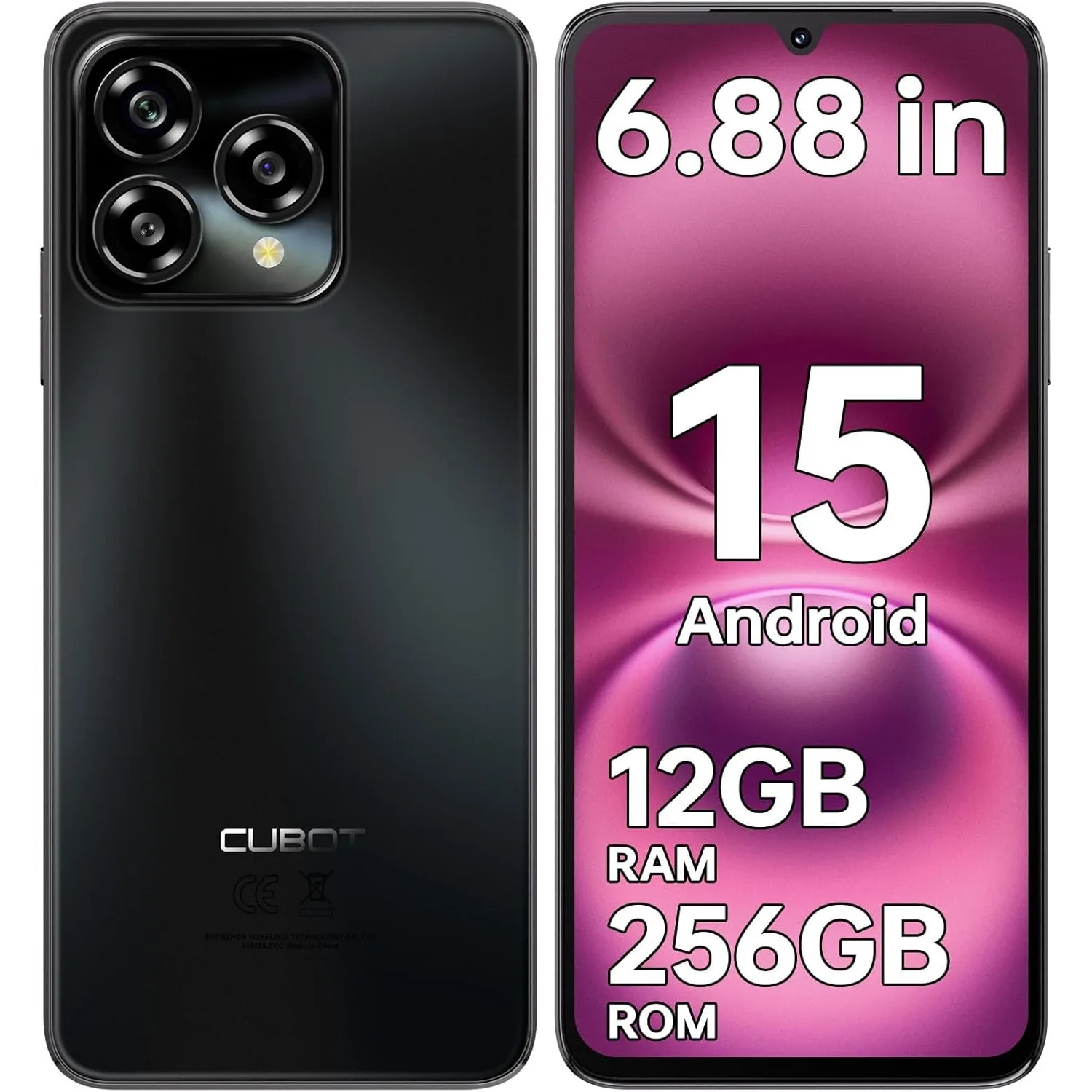 Мобилен телефон CUBOT A40, Android 15 12GB RAM + 256GB ROM, 48MP камера, 6, 88'' дисплей, 5100mAh батерия, Dual SIM 4G, водоустойчив IP68/IP69K, Черен