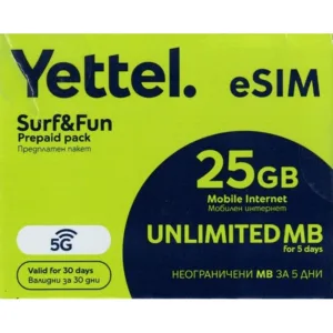 Сим карта предплатен пакет Йеттел, Мобилен интернет, Data eSIM, 25GB
