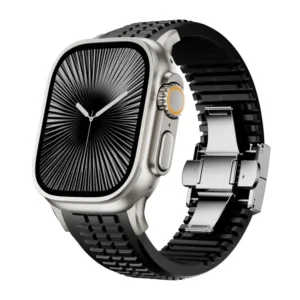 Каишка MTP, Силиконова, съвместима с Apple Watch Ultra/Apple Watch Ultra 2 (49 мм) и Apple Watch SE/9/8/7/6/5/4/3/2/1 42/44/45 мм, сребърна катарама, черна